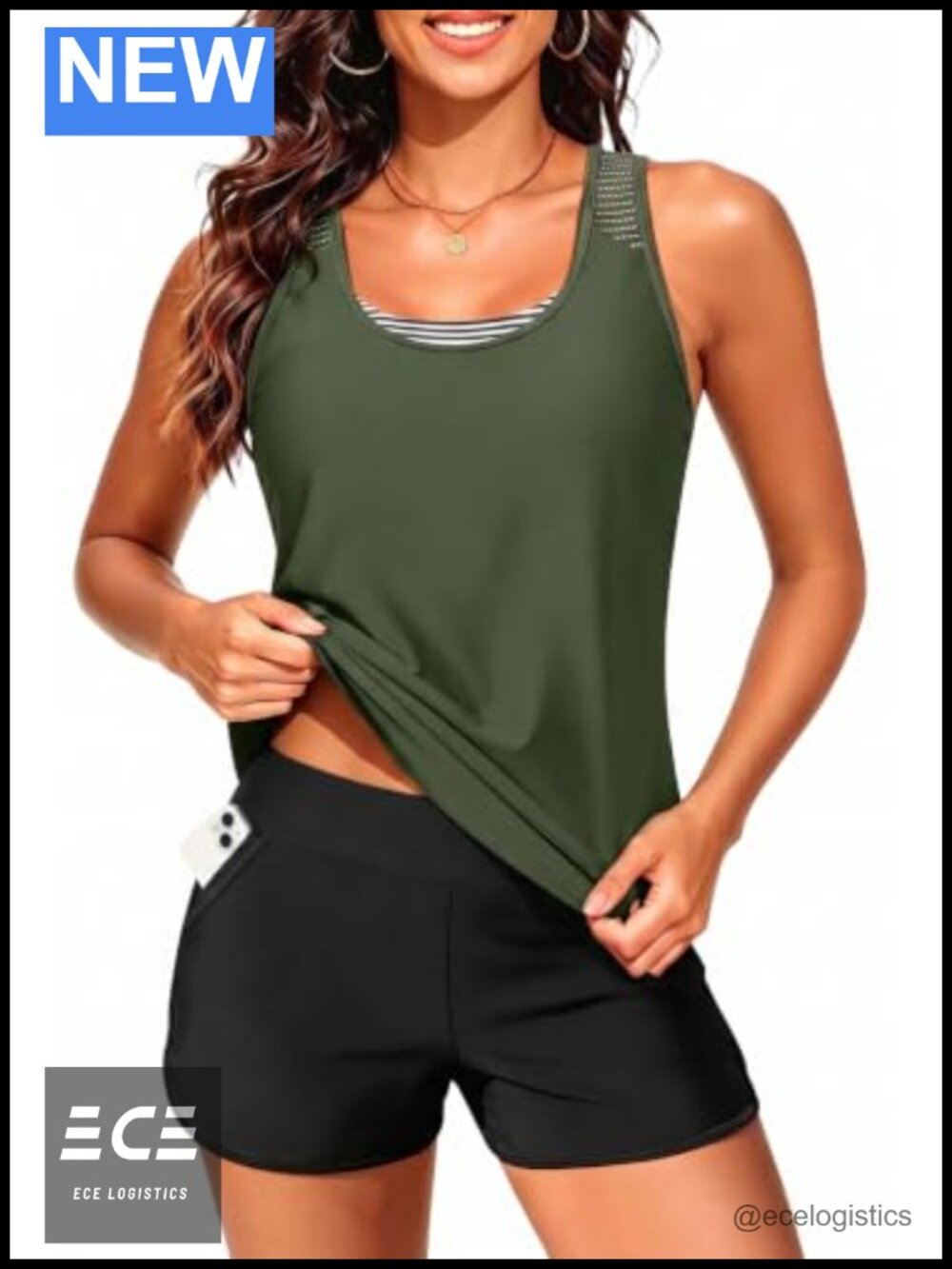 3 Piece Tankini Swimsuit Mesh Racerback Tank Top Sports Bra Pocketed Shorts